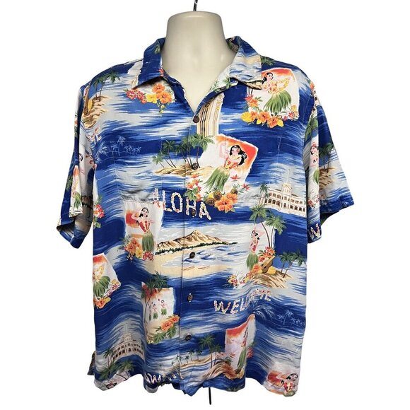 POLO Ralph Lauren Vintage Hawaiian Tiki Button Camp Shirt Large Pocket Hula Girl